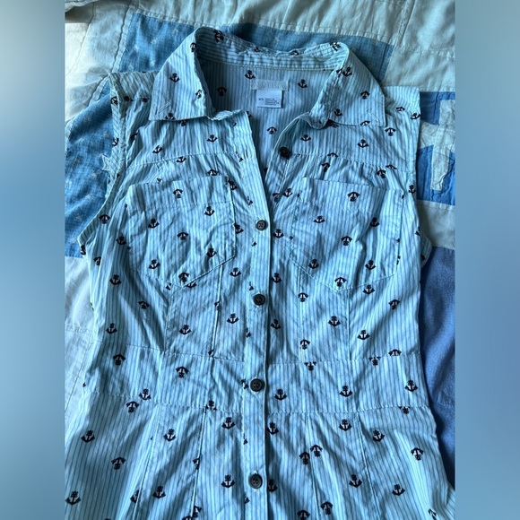 Y2K Urban Outfitters Anchor Print Dress Nautical Blue Striped Button-Up Dress XS - Picture 13 of 15